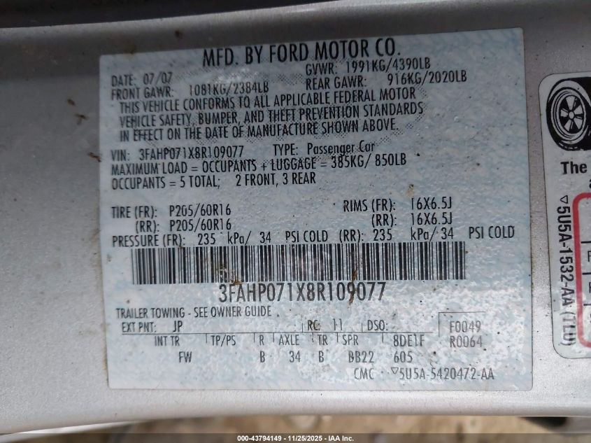 2008 Ford Fusion Se VIN: 3FAHP071X8R109077 Lot: 43794149