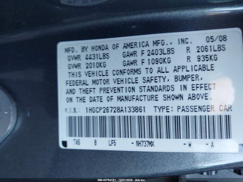 2008 Honda Accord 2.4 Ex VIN: 1HGCP26728A133861 Lot: 43794151