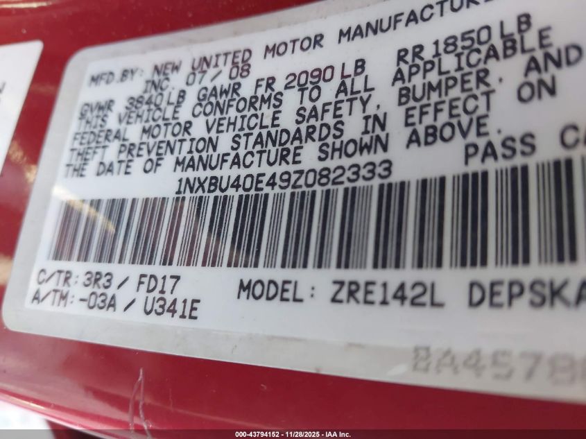 2009 Toyota Corolla S VIN: 1NXBU40E49Z082333 Lot: 43794152