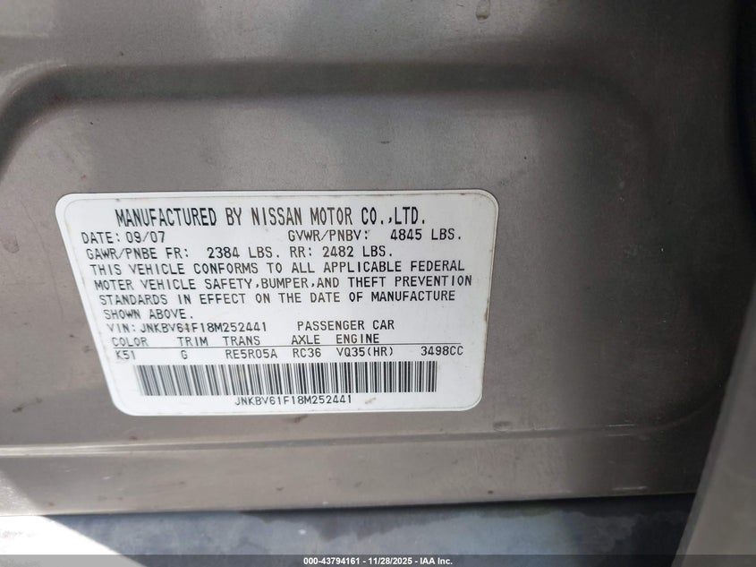 2008 Infiniti G35X VIN: JNKBV61F18M252441 Lot: 43794161