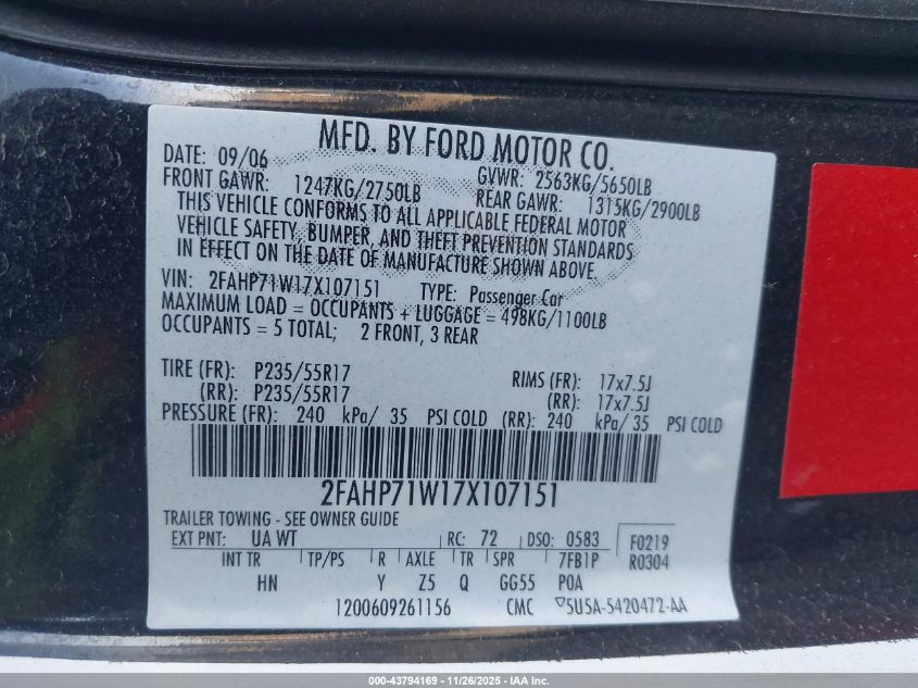 2007 Ford Crown Victoria Police/Police Interceptor VIN: 2FAHP71W17X107151 Lot: 43794169