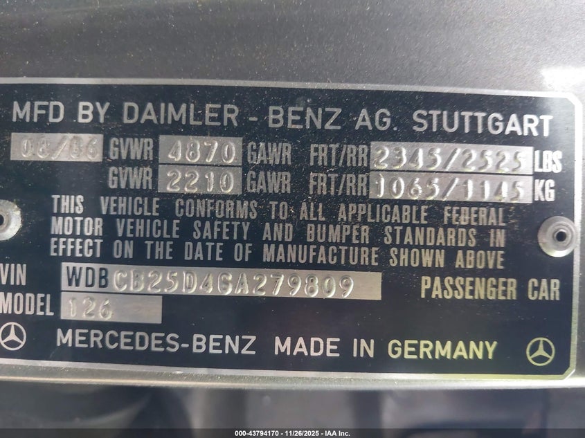 WDBCB25D4GA279809 1986 MERCEDES-BENZ  photo no. 9
