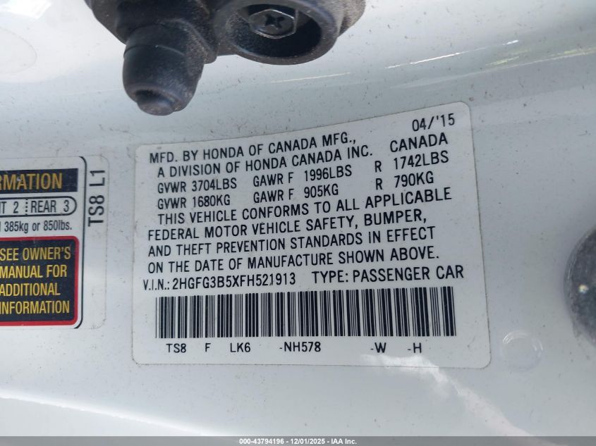 2015 Honda Civic Lx VIN: 2HGFG3B5XFH521913 Lot: 43794196