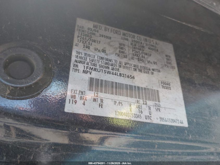 2004 Ford Expedition Xlt VIN: 1FMRU15W44LB31656 Lot: 43794201