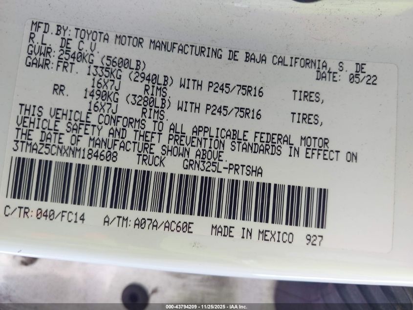 2022 Toyota Tacoma Trd Off Road VIN: 3TMAZ5CNXNM18460 Lot: 43794209