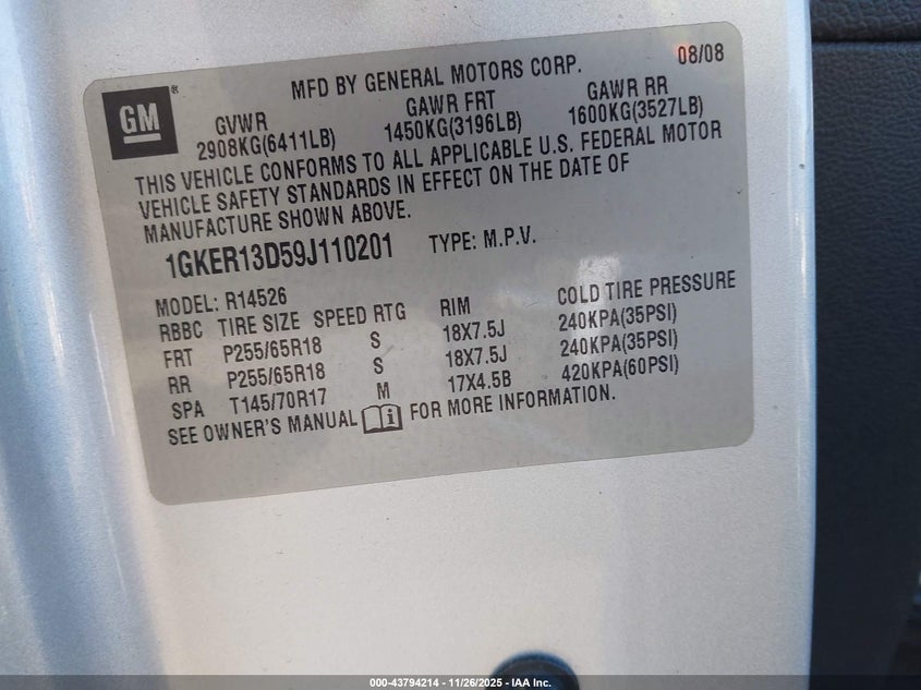 2009 GMC Acadia Sle-1 VIN: 1GKER13D59J110201 Lot: 43794214