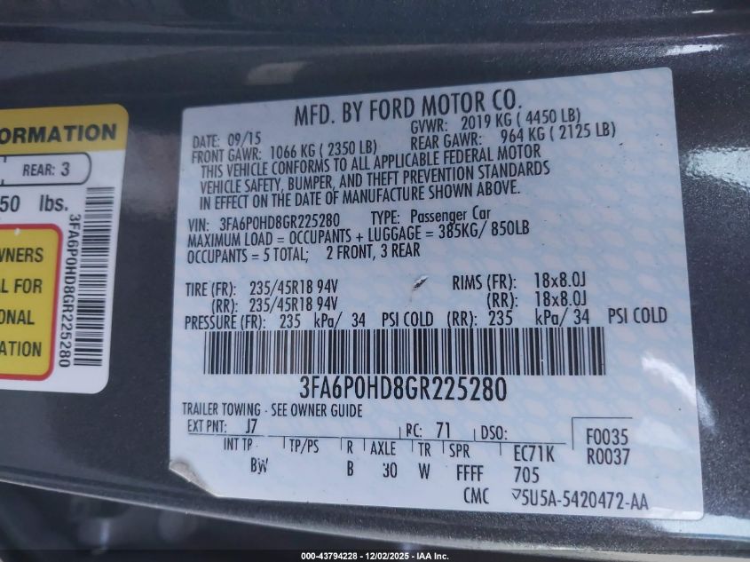 2016 Ford Fusion Se VIN: 3FA6P0HD8GR225280 Lot: 43794228