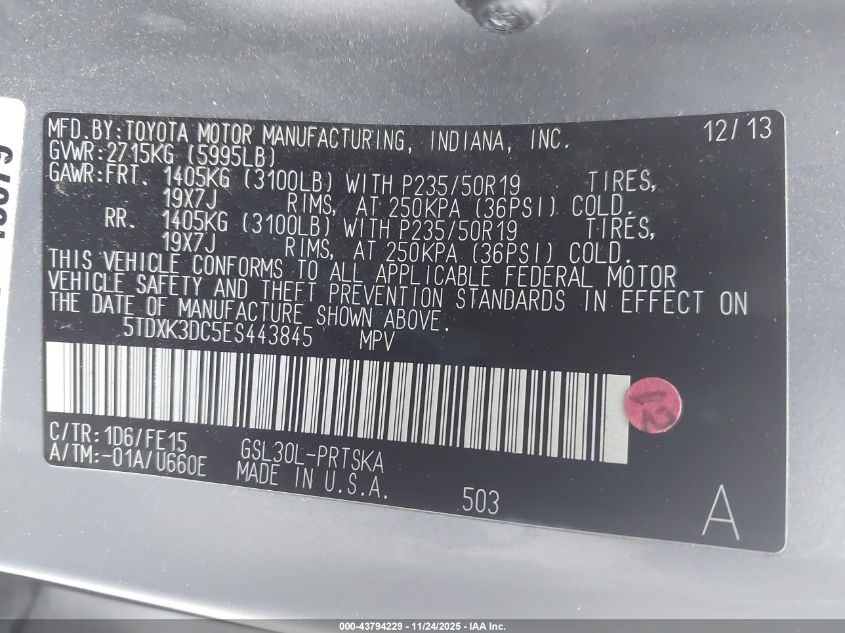 2014 Toyota Sienna Se 8 Passenger VIN: 5TDXK3DC5ES443845 Lot: 43794229