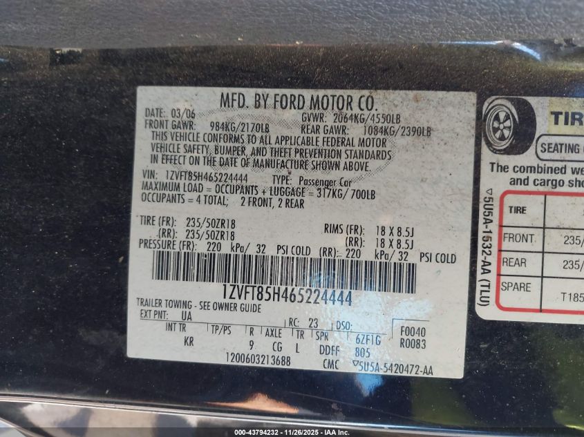 2006 Ford Mustang Gt VIN: 1ZVFT85H465224444 Lot: 43794232