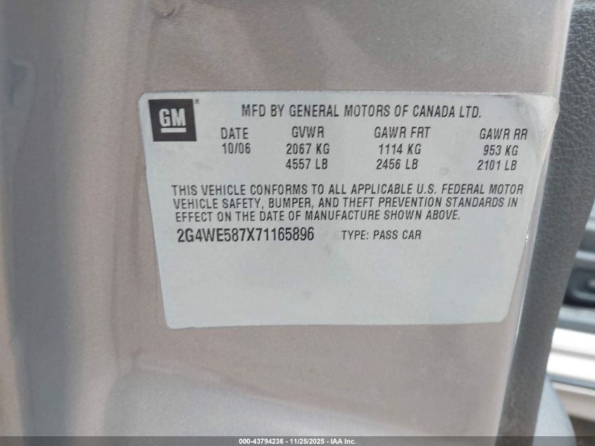 2007 Buick Lacrosse Cxs VIN: 2G4WE587X71165896 Lot: 43794236