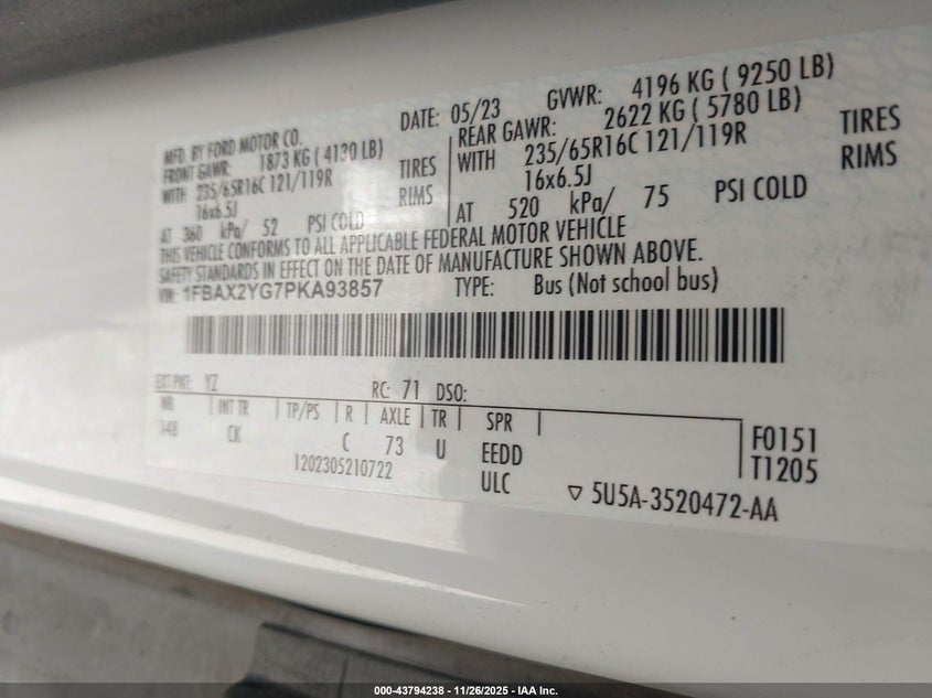 2023 Ford Transit-350 Passenger Van Xlt VIN: 1FBAX2YG7PKA93857 Lot: 43794238