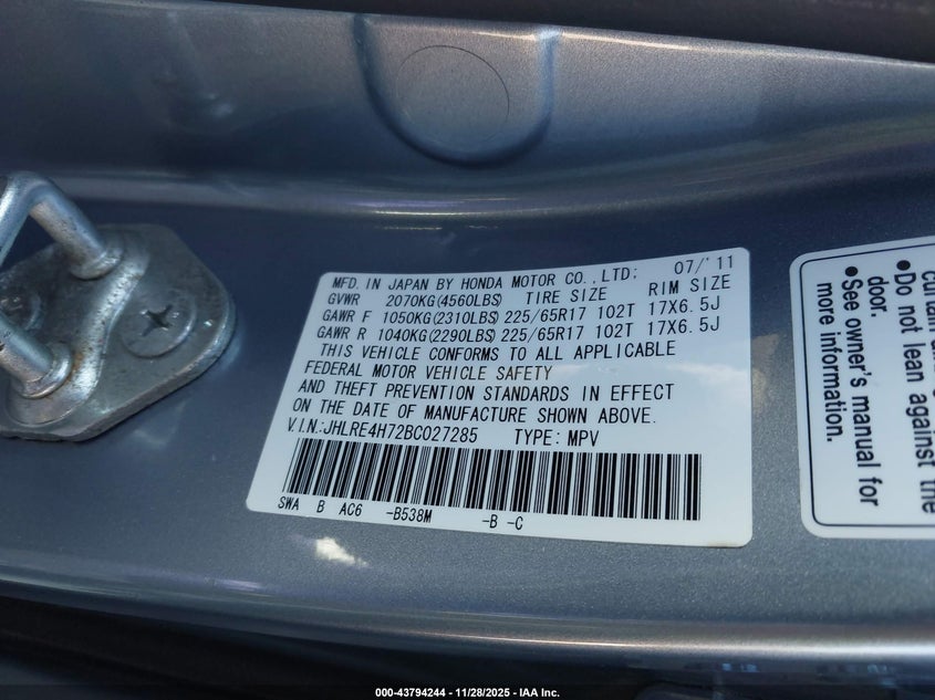 2011 Honda Cr-V Ex-L VIN: JHLRE4H72BC027285 Lot: 43794244