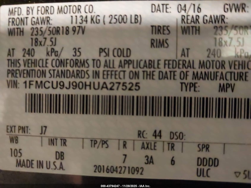 2017 Ford Escape Titanium VIN: 1FMCU9J90HUA27525 Lot: 43794247