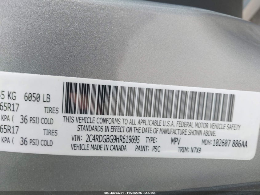 2017 Dodge Grand Caravan Se Plus VIN: 2C4RDGBG9HR619695 Lot: 43794251