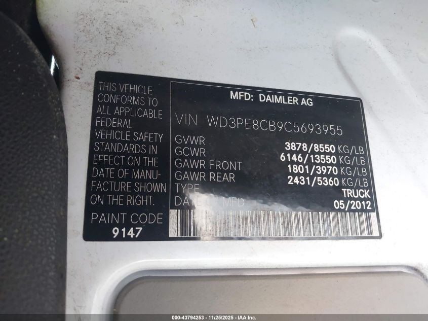 2012 Mercedes-Benz Sprinter 2500 High Roof VIN: WD3PE8CB9C5693955 Lot: 43794253
