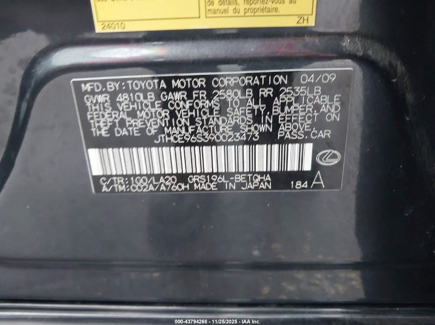 2009 Lexus Gs 350 VIN: JTHCE96S390023473 Lot: 43794268