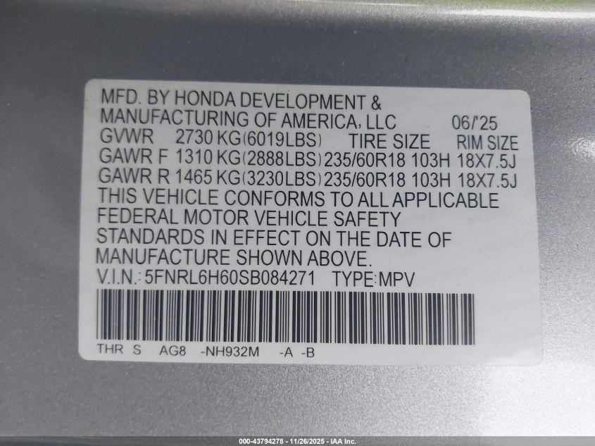 2025 Honda Odyssey Ex-L VIN: 5FNRL6H60SB084271 Lot: 43794278