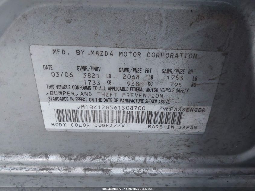 2006 Mazda Mazda3 I VIN: JM1BK12G561508700 Lot: 43794277