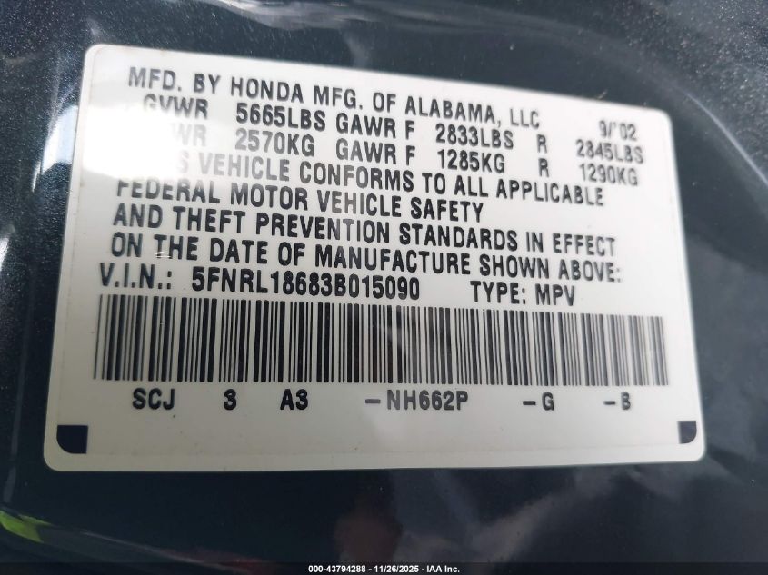 2003 Honda Odyssey Ex VIN: 5FNRL18683B015090 Lot: 43794288