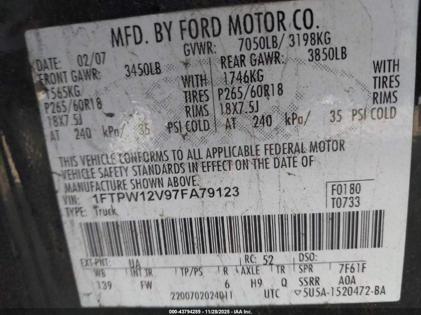 2007 Ford F-150 Lariat/Xlt VIN: 1FTPW12V97FA79123 Lot: 43794289