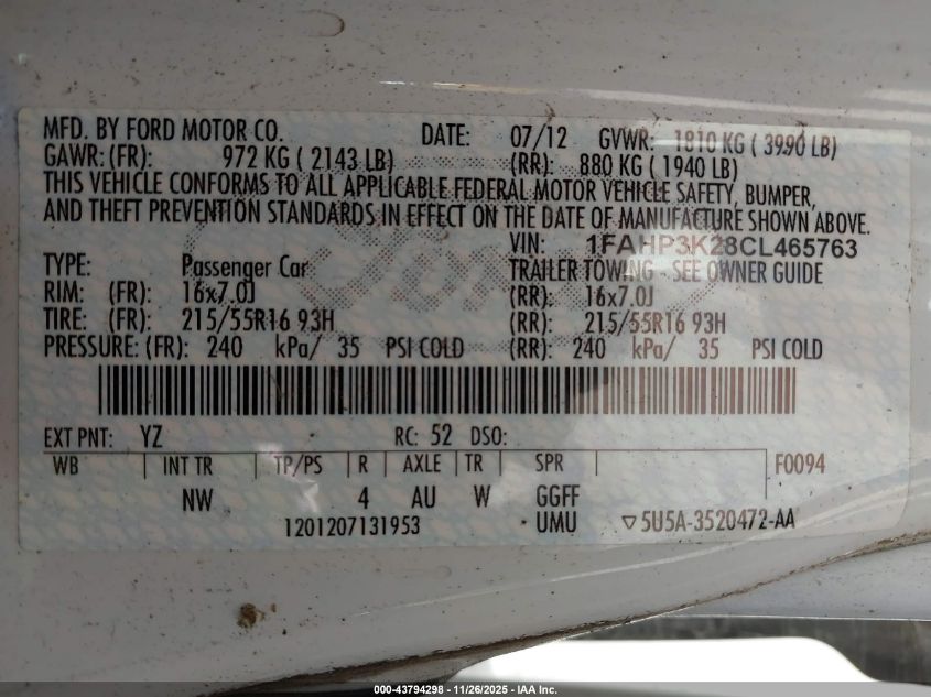 2012 Ford Focus Se VIN: 1FAHP3K28CL465763 Lot: 43794298