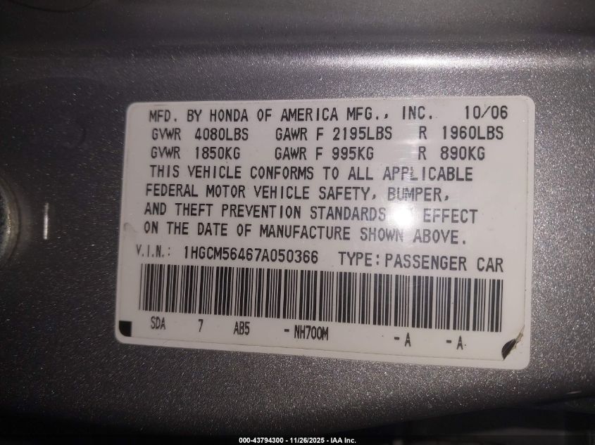 2007 Honda Accord 2.4 Lx VIN: 1HGCM56467A050366 Lot: 43794300