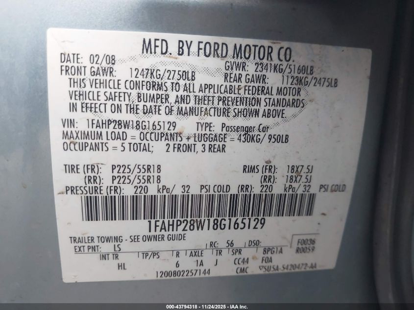 2008 Ford Taurus Limited VIN: 1FAHP28W18G165129 Lot: 43794318