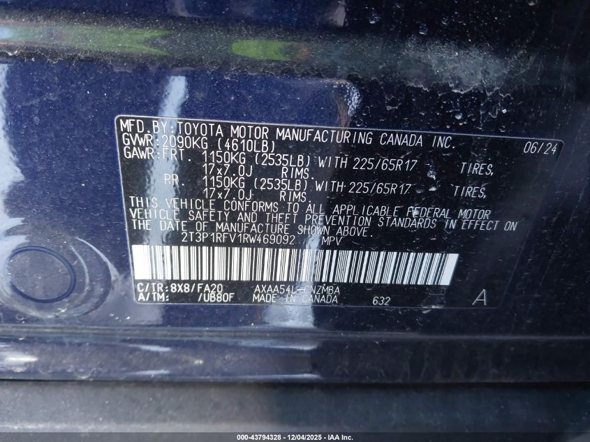 2024 Toyota Rav4 Xle VIN: 2T3P1RFV1RW469092 Lot: 43794328