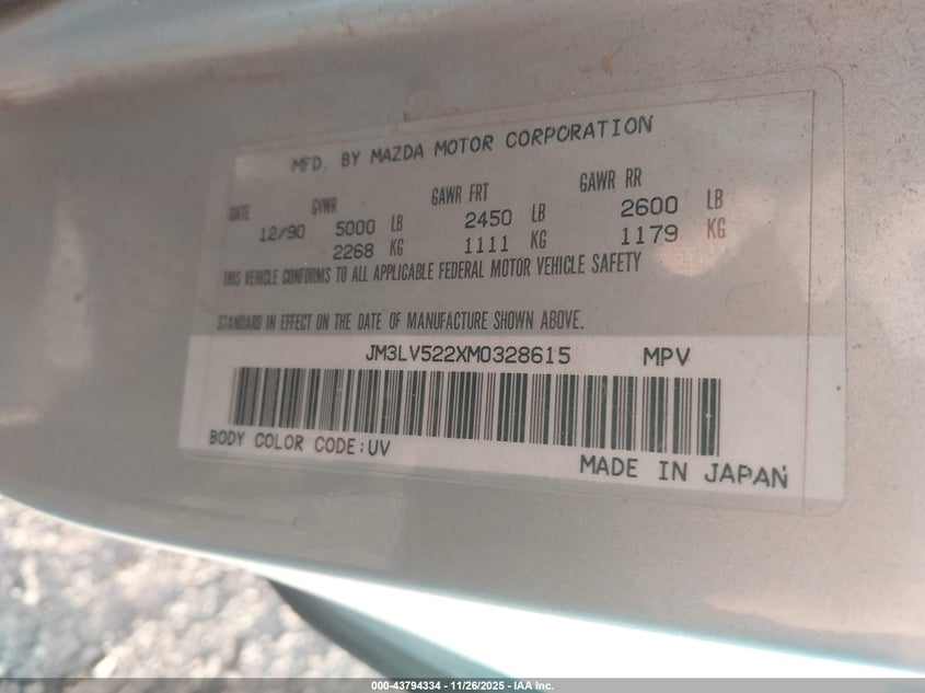 1991 Mazda Mpv Wagon VIN: JM3LV522XM0328615 Lot: 43794334