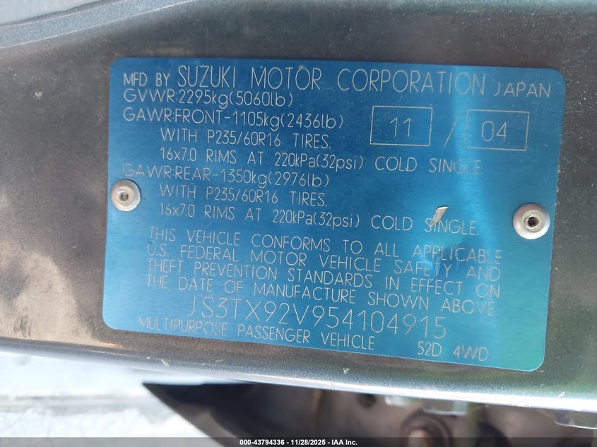 2005 Suzuki Xl-7 Ex/Lx VIN: JS3TX92V954104915 Lot: 43794336