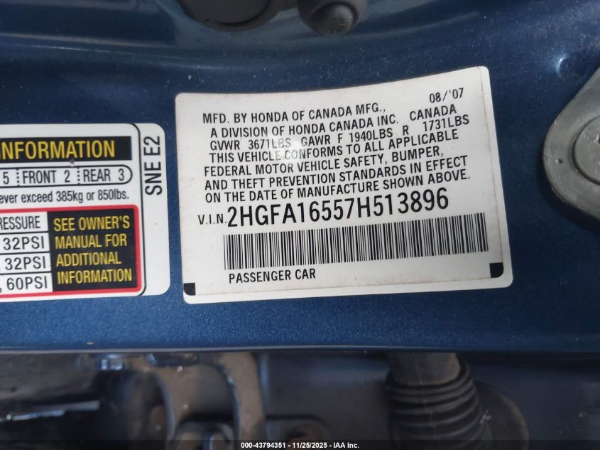 2007 Honda Civic Lx VIN: 2HGFA16557H513896 Lot: 43794351