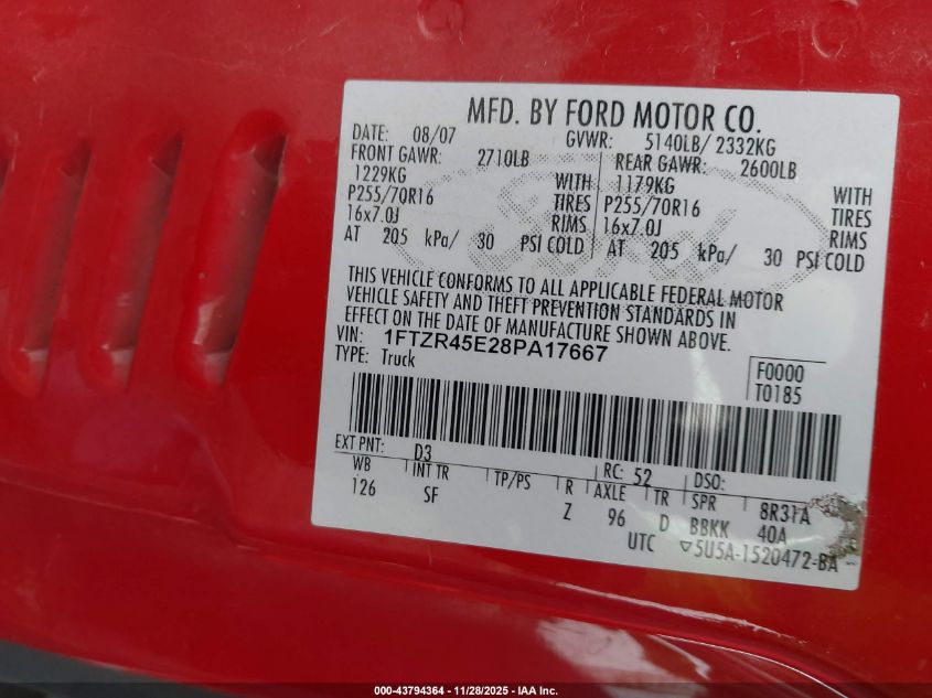 2008 Ford Ranger Fx4 Off-Road/Sport/Xlt VIN: 1FTZR45E28PA17667 Lot: 43794364