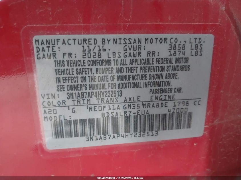 2017 Nissan Sentra Sr VIN: 3N1AB7AP4HY232513 Lot: 43794368