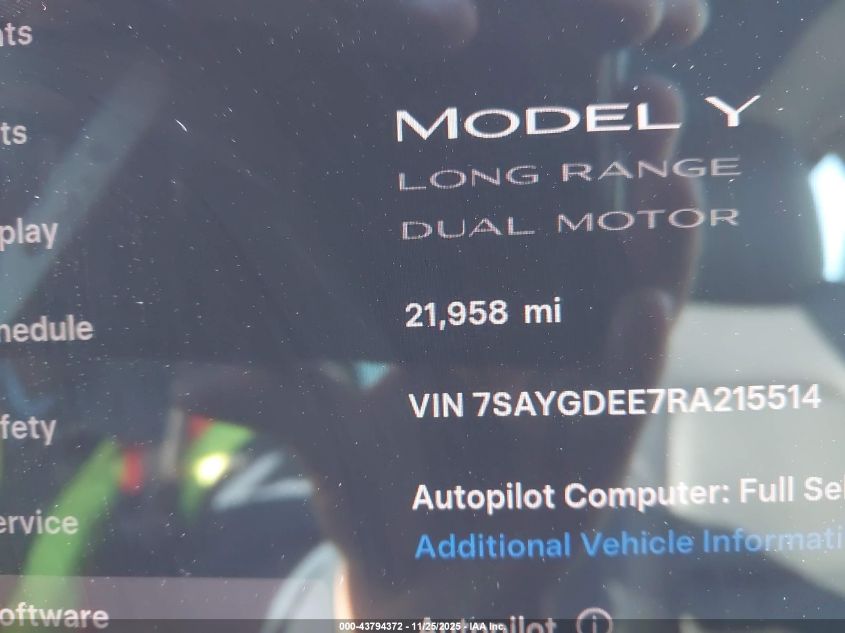 2024 Tesla Model Y Long Range Dual Motor All-Wheel Drive VIN: 7SAYGDEE7RA215514 Lot: 43794372
