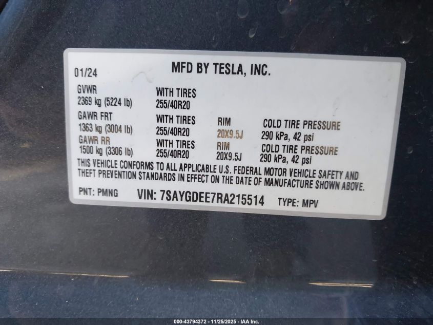 2024 Tesla Model Y Long Range Dual Motor All-Wheel Drive VIN: 7SAYGDEE7RA215514 Lot: 43794372
