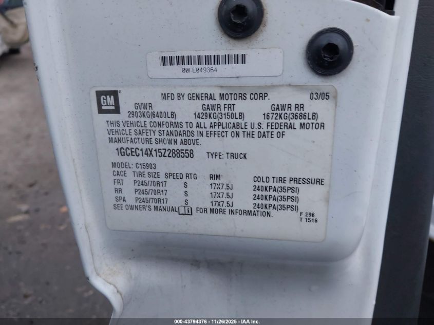 2005 Chevrolet Silverado 1500 Work Truck VIN: 1GCEC14X15Z288558 Lot: 43794376