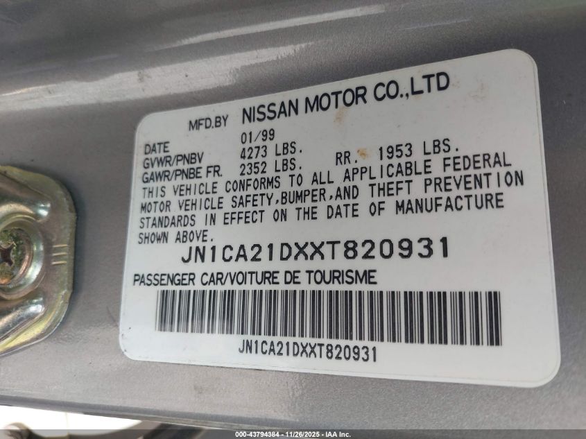 1999 Nissan Maxima Gle/Gxe/Se/Se-L VIN: JN1CA21DXXT820931 Lot: 43794384