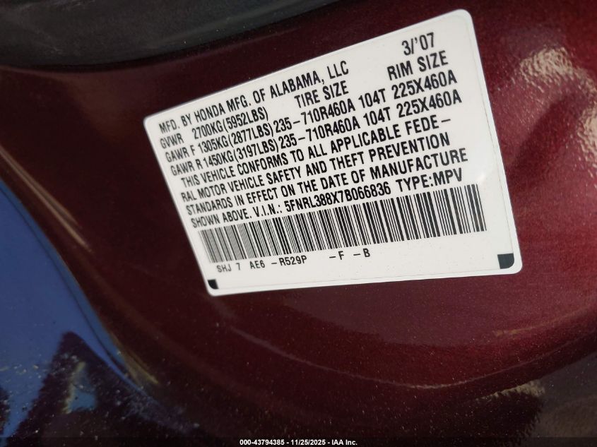 2007 Honda Odyssey Touring VIN: 5FNRL388X7B066836 Lot: 43794385