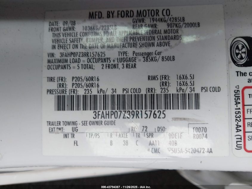 2009 Ford Fusion Se VIN: 3FAHP07Z39R157625 Lot: 43794387