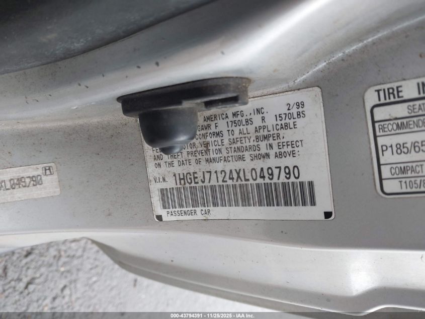 1999 Honda Civic Hx VIN: 1HGEJ7124XL049790 Lot: 43794391