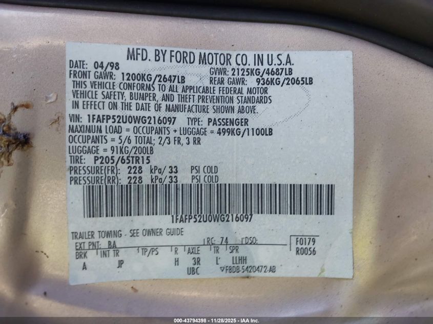 1998 Ford Taurus Lx/Se VIN: 1FAFP52U0WG216097 Lot: 43794398