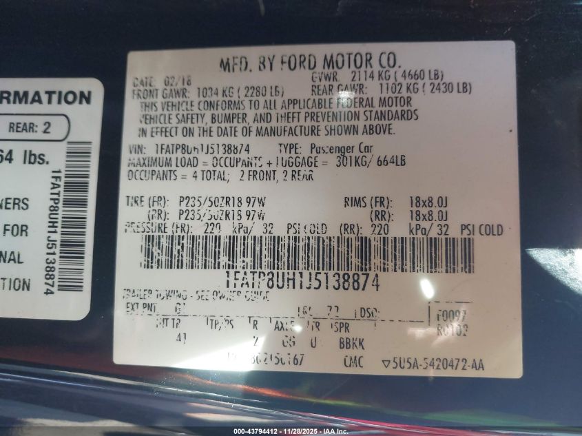2018 Ford Mustang Ecoboost Premium VIN: 1FATP8UH1J5138874 Lot: 43794412
