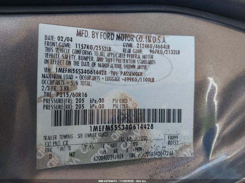 2004 Mercury Sable Ls Premium VIN: 1MEFM55S34G614428 Lot: 43794413