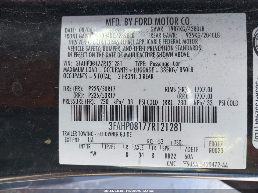 2007 Ford Fusion Sel VIN: 3FAHP08177R121281 Lot: 43794418