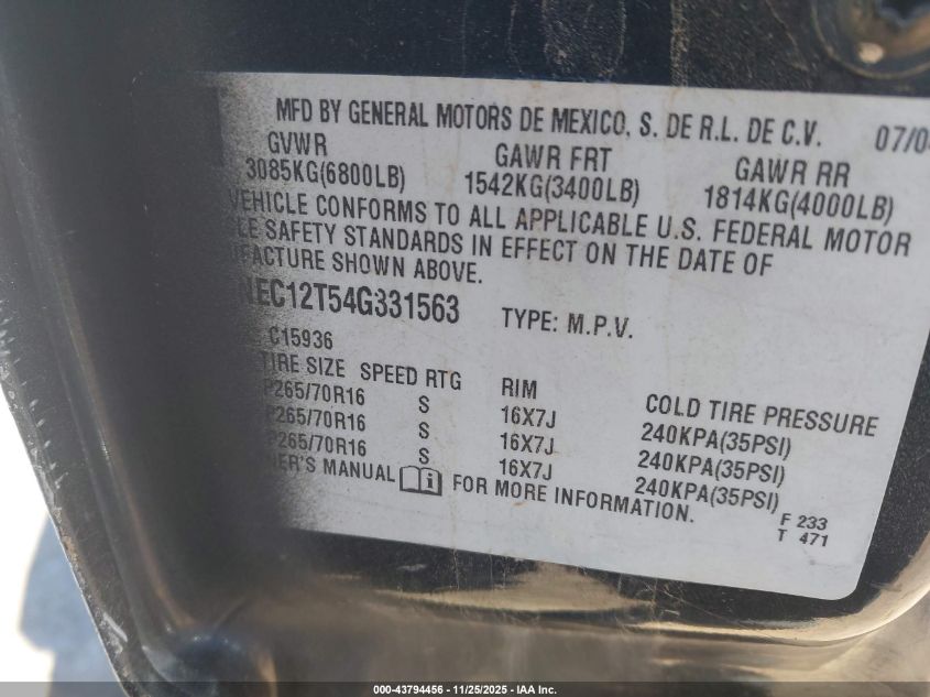 2004 Chevrolet Avalanche 1500 VIN: 3GNEC12T54G331563 Lot: 43794456