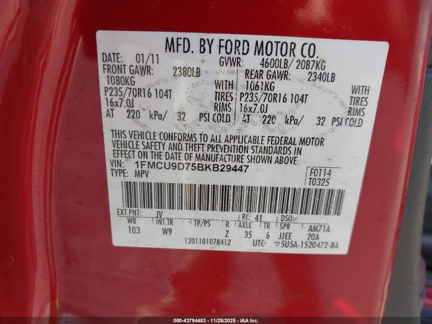 2011 Ford Escape Xlt VIN: 1FMCU9D75BKB29447 Lot: 43794483