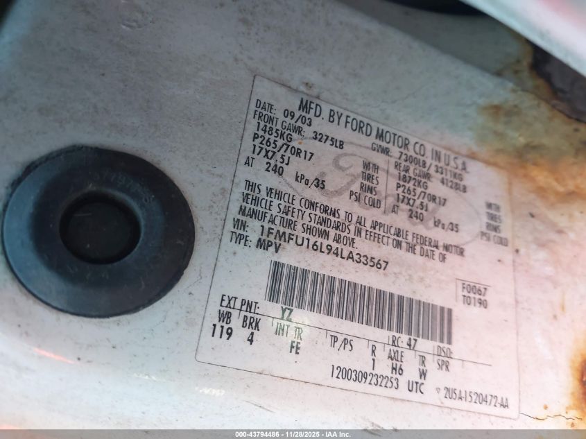 2004 Ford Expedition Nbx/Xlt VIN: 1FMFU16L94LA33567 Lot: 43794486