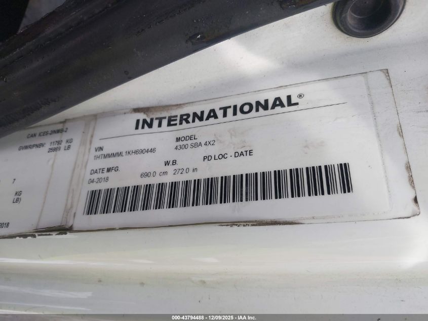 2019 International Durastar 4300 VIN: 1HTMMMML1KH690446 Lot: 43794488