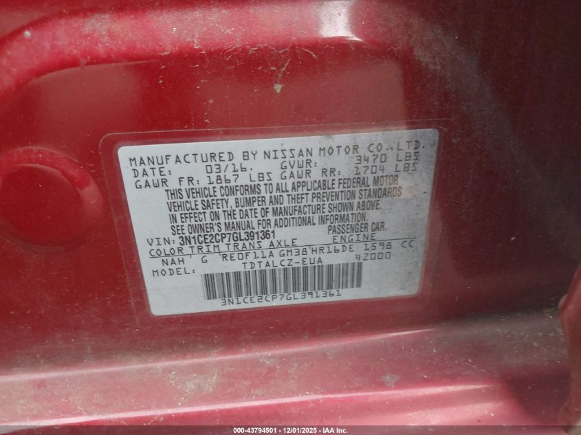 2016 Nissan Versa Note S Plus VIN: 3N1CE2CP7GL391361 Lot: 43794501