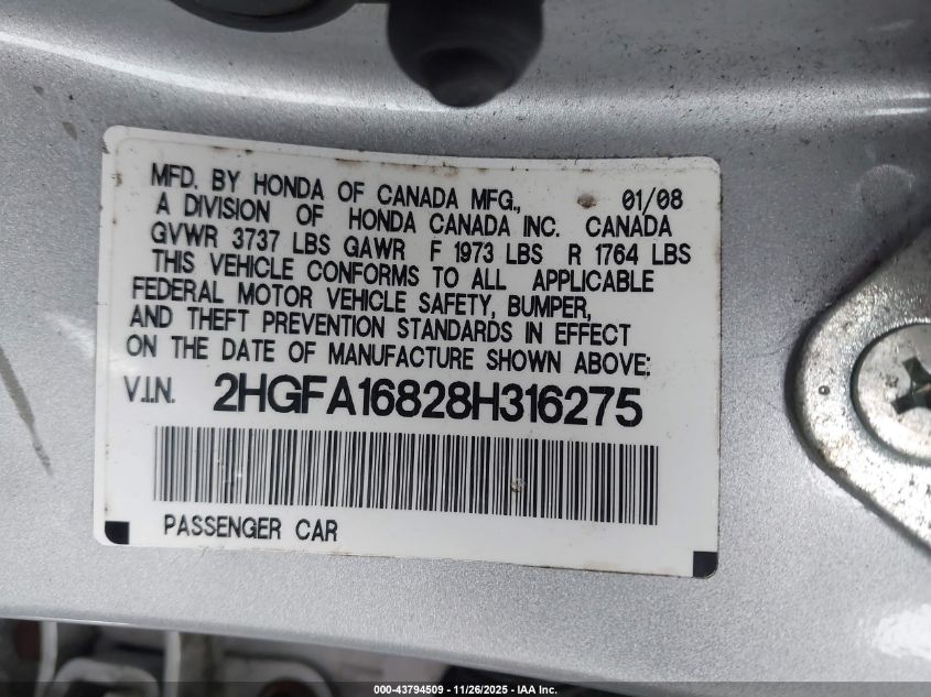 2008 Honda Civic Ex VIN: 2HGFA16828H316275 Lot: 43794509